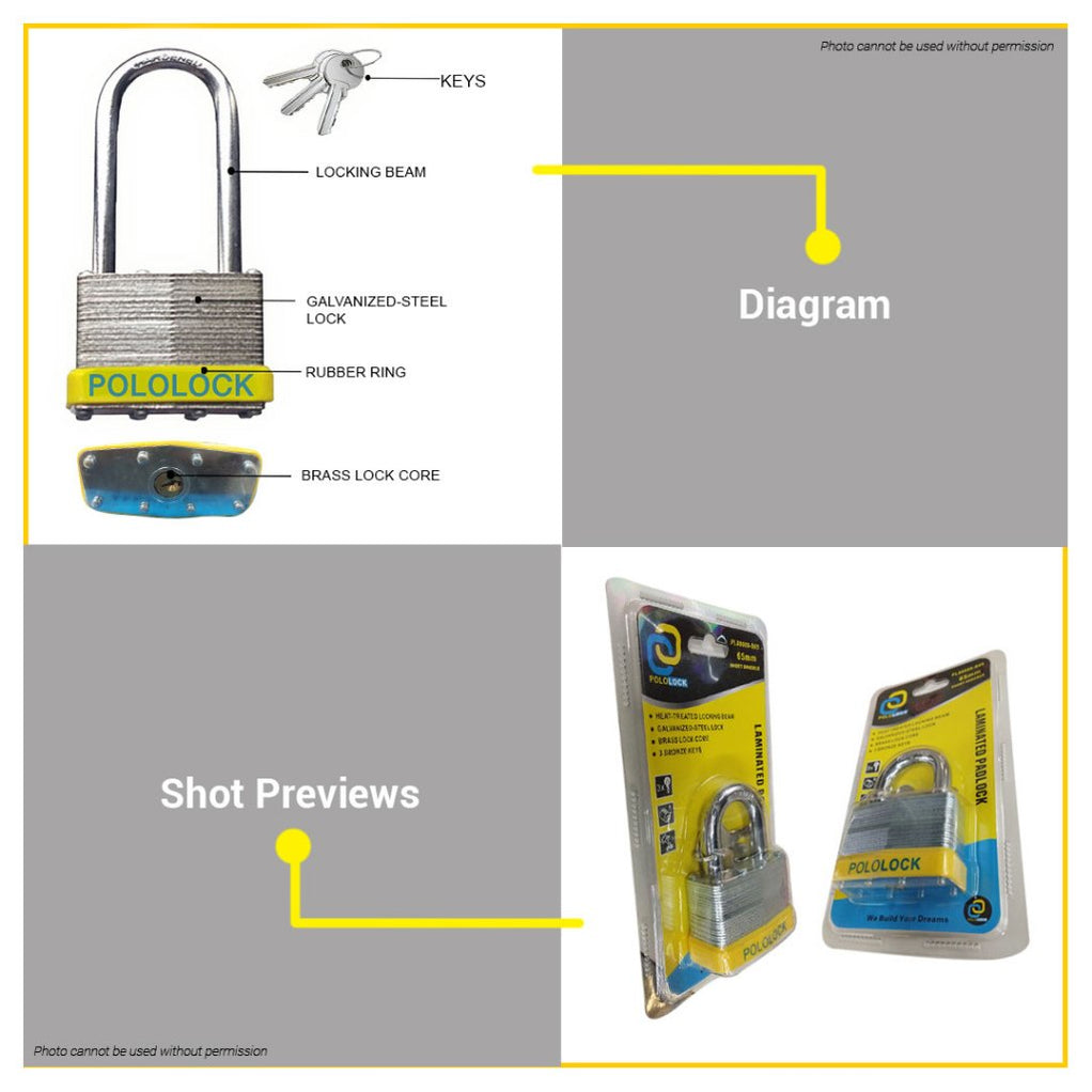 BUILDMATE Pololock Laminated Padlock Long Shackle 30MM - 65MM Solid Br ...