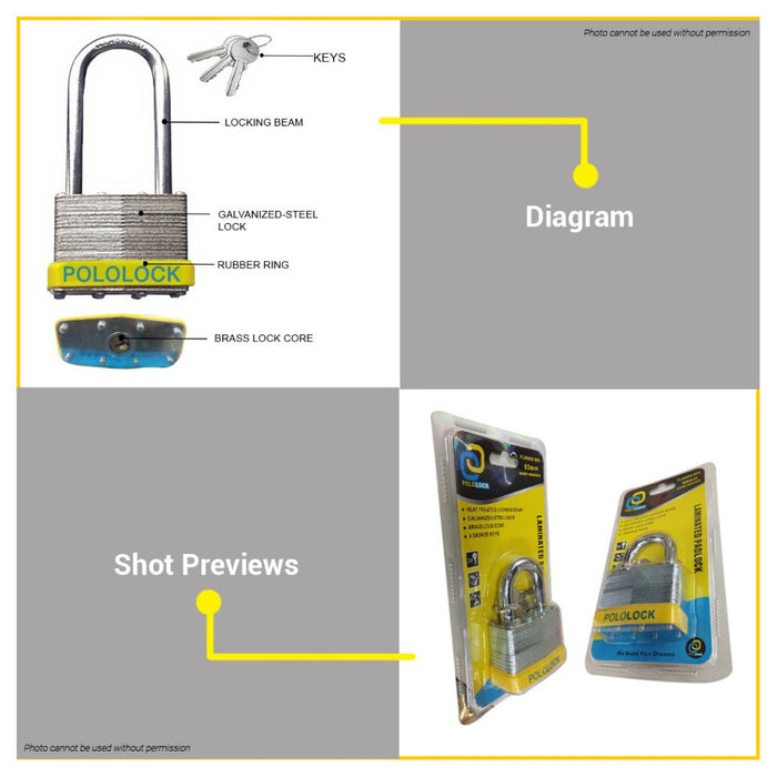 BUILDMATE Pololock Laminated Padlock Long Shackle 30MM - 65MM Solid Brass Keyed Wide Lock PL88009