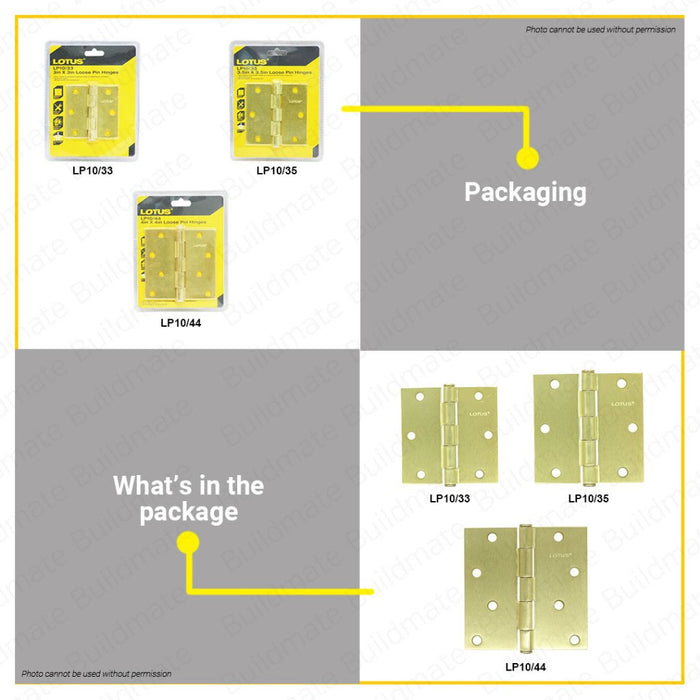 BUILDMATE Lotus Brass Plated Loose Pin Door Hinges 3" | 3.5" | 4" Inch Ball Bearing with Screws LHT