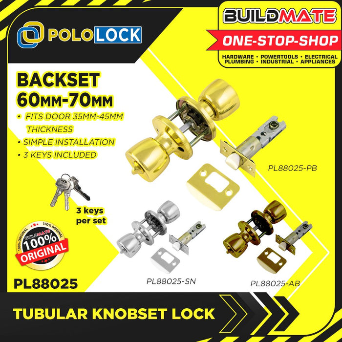 BUILDMATE Pololock Tubular Knobset Entrance Doorknob Keyed Entry Door Lock Twist Type w/ Key PL88025
