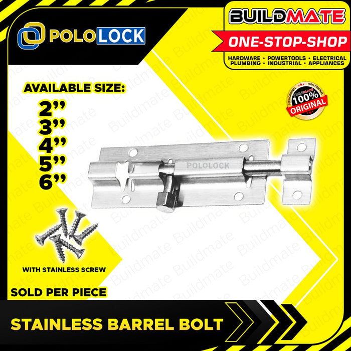 BUILDMATE Pololock Stainless Barrel Bolt with Screw 2" - 6" Inch Sliding Latch Security Door Lock