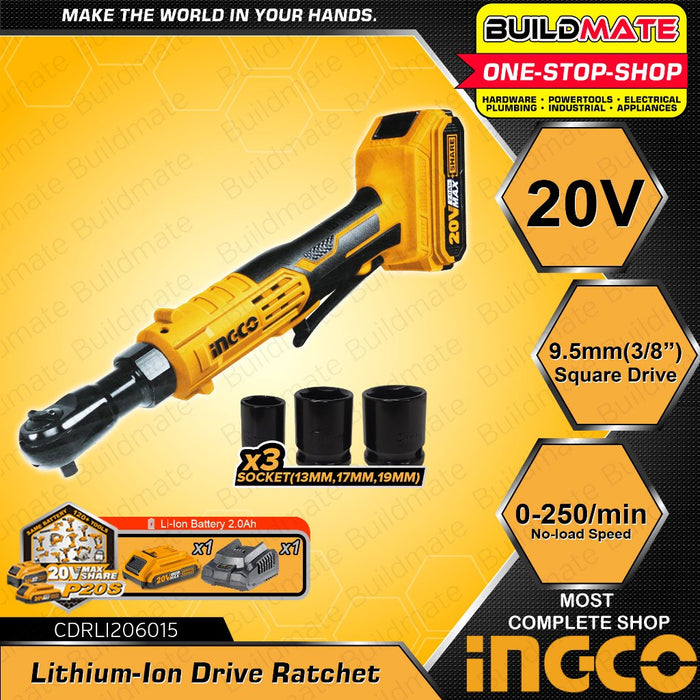 BUILDMATE Ingco Lithium Ion Cordless Drive Ratchet 20V High Torque Motor Rechargeable Ratchet Automotive Repair Power Tool ICPT
