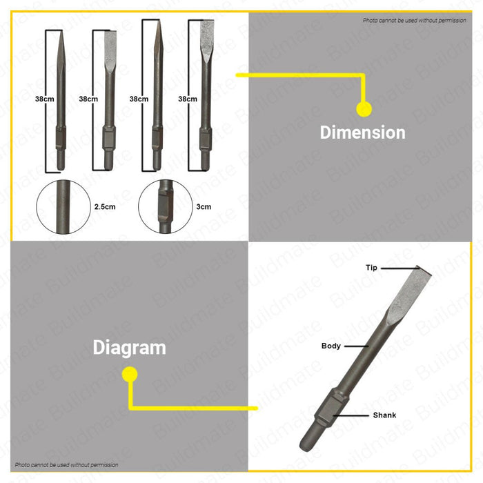 BUILDMATE Powerhouse 65A Drill Bit Chisel Pointed / Flat 380 / 400MM for Concrete Breaker 30400 PTAA