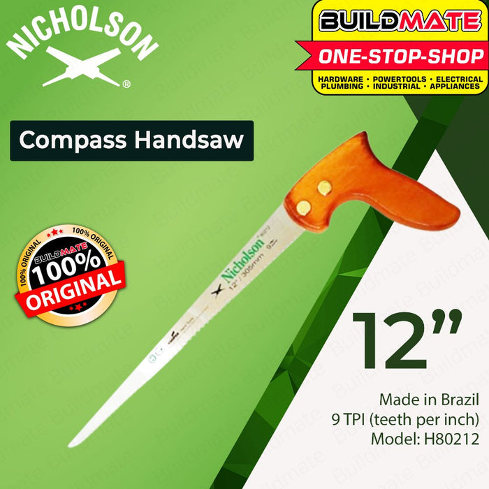 BUILDMATE Nicholson USA 12" Inch 9TPI Compass Handsaw for Sawing Carpenter Cutting Wood Tool H80212