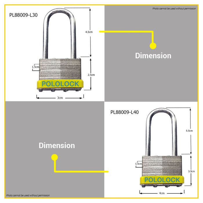 BUILDMATE Pololock Laminated Padlock Long Shackle 30MM - 65MM Solid Brass Keyed Wide Lock PL88009