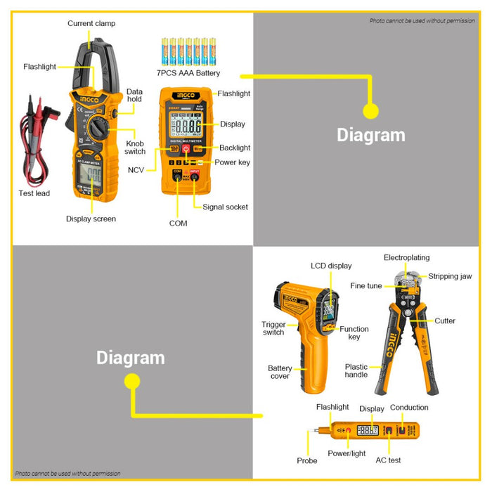BUILDMATE Ingco Digital Multi Meter Clamp with Electricians Tools Set Screwdriver 5PCS / 16PCS - IPX