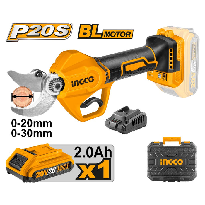 BUILDMATE Ingco 20V Lithium-Ion Brushless Motor Gauge Straight Pruning Shear CSSLI203083 - ICPT