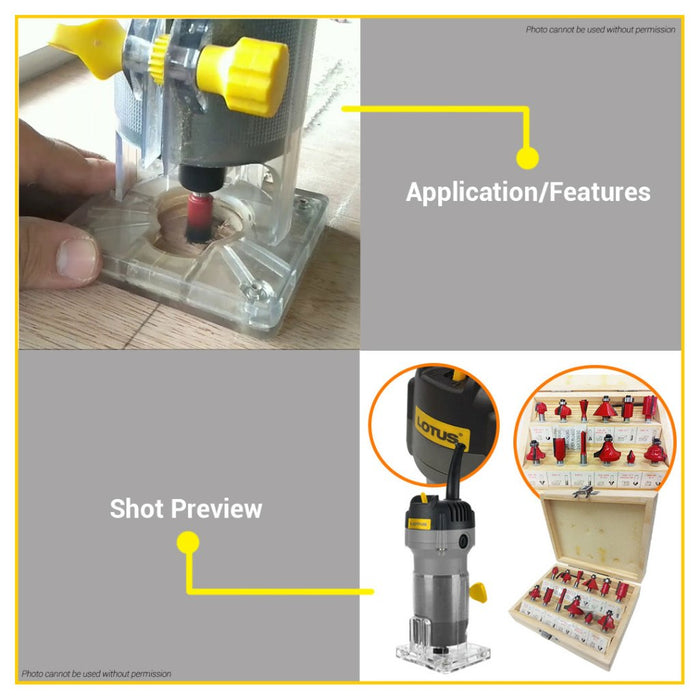 BUILDMATE Lotus 550W Palm Router / Trimmer Laminate LTPR550X with 12PCS/SET 1/4" Inch Router Bit LPT