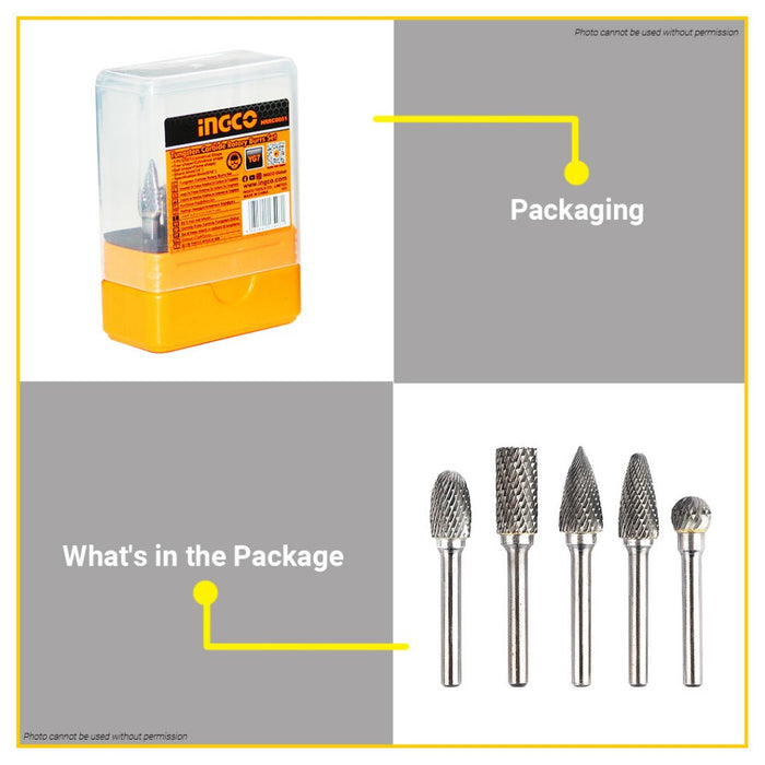 BUILDMATE Ingco 5PCS HSS Rotary Cutter Set Tungsten Carbide Burrs Milling Diamond Cut HRRC0051 • IHT