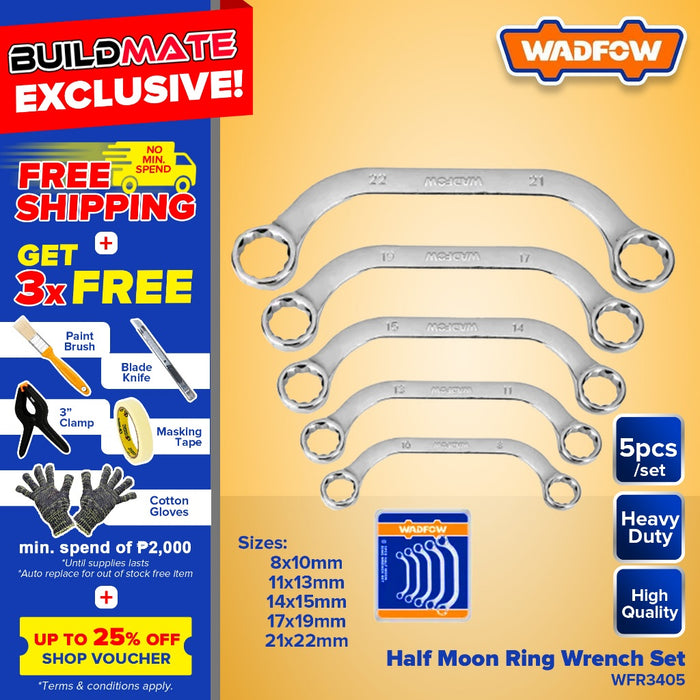 BUILDMATE Wadfow 5PCS 8-22mm Half Moon Ring Wrench Set C-type Double Ended Spanner Tools WFR3405 WHT