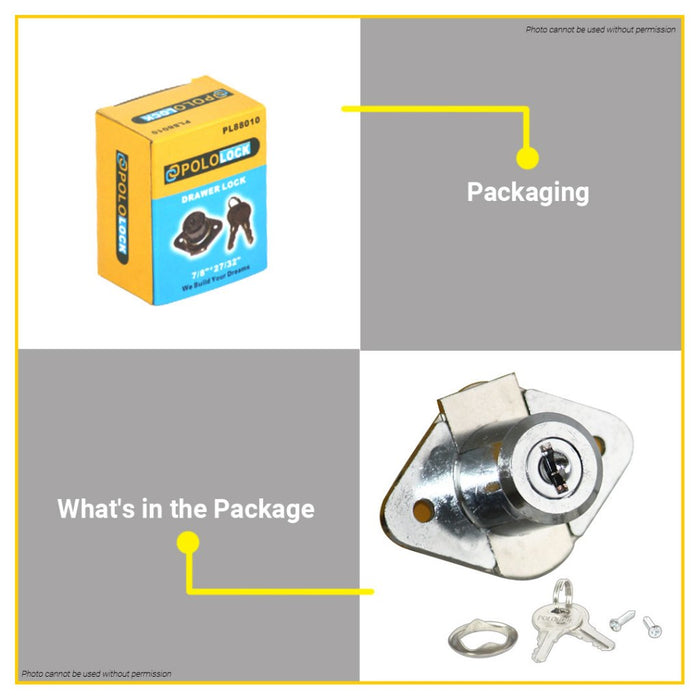 BUILDMATE Pololock Drawer Lock 808 Type Silver with 2pcs Keys & Screws for Cabinet Safety PL88010
