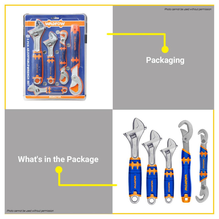 BUILDMATE Wadfow 5PCS Adjustable Wrench Set Open End Easy Grip Multifunctional Spanner WAW275K • WHT