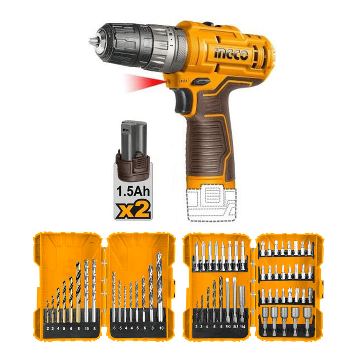 BUILDMATE Ingco Lithium-Ion Cordless 12V Impact Drill with 16pcs Metal Masonry & Wood Drill Bits Set & 45pcs Torsion Screwdriver Bit Set COSLI23114 - IPT