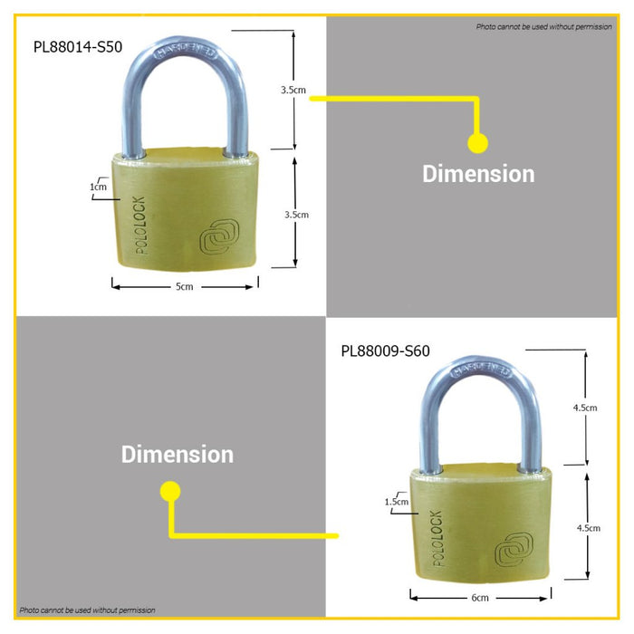 BUILDMATE Pololock Brass Padlock SHORT Shackle 20MM - 60MM Anti-Theft Keyed Wide Lock PL88014