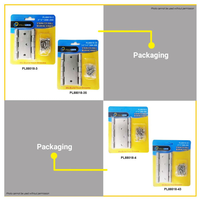 POLOLOCK 2MM Stainless Steel Ball Bearing for Cabinet Door Hinges 3" - 4" Inch with Screws •BUILDMATE•