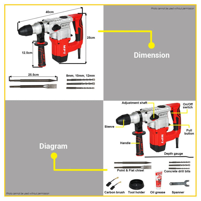 BUILDMATE MPT Rotary Hammer Chipping Gun Drill 1050W SDS PLUS with One Chuck Concrete Breaker Engraver MRH2603 / MRH2606