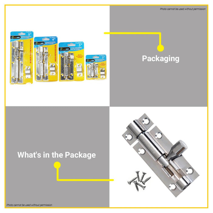 BUILDMATE Pololock Stainless Barrel Bolt with Screw 2" - 6" Inch Sliding Latch Security Door Lock