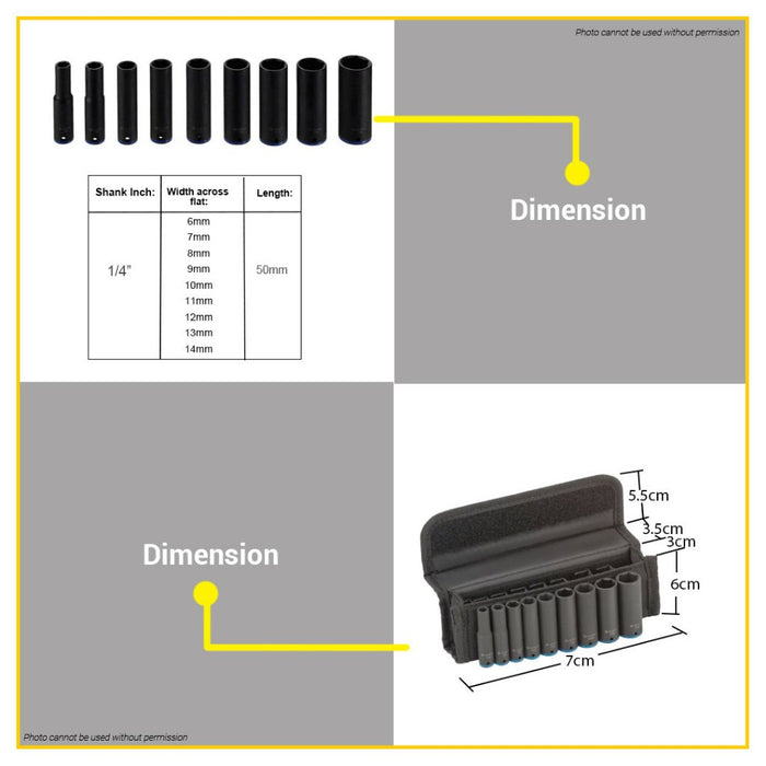 BUILDMATE Bosch 9PCS/SET 50mm Impact Socket Wrench Set 1/4" Shank 6mm - 14mm Black 2608551097 - BAX