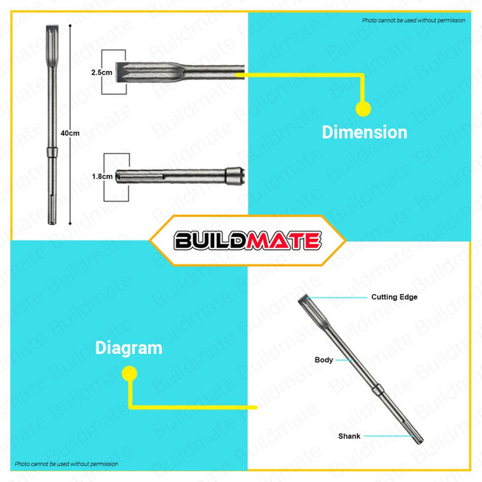 BUILDMATE Bosch 400x25mm SDS-Max Autosh RTEC Sharp Flat Chisel for Rotary Hammer / Demolition - BAX