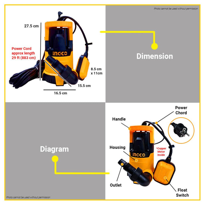 BUILDMATE INGCO 400W Copper Motor Clean Water Submersible Pump 8-meter SPC4008-5 IPT
