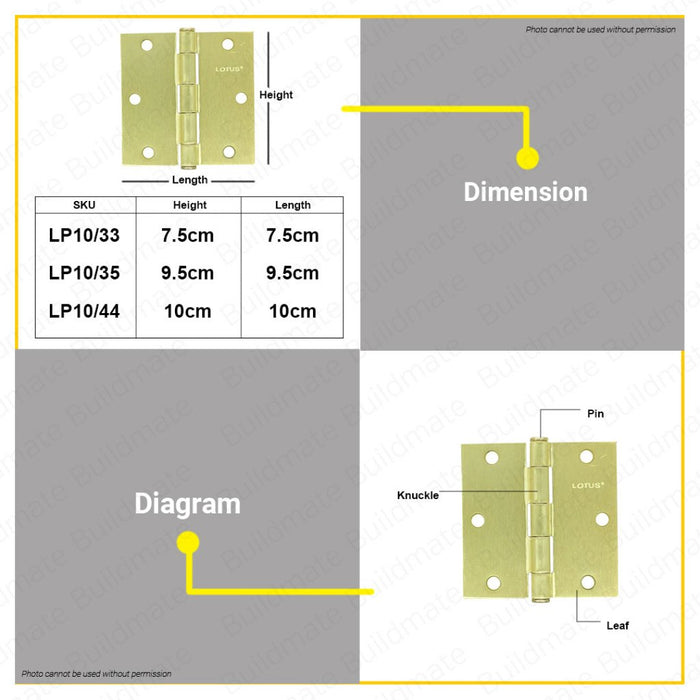 BUILDMATE Lotus Brass Plated Loose Pin Door Hinges 3" | 3.5" | 4" Inch Ball Bearing with Screws LHT