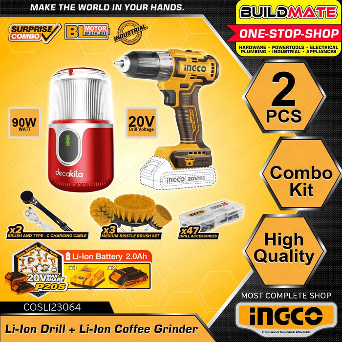BUILDMATE Ingco Lithium-Ion 20V Cordless Drill 2-Speed Mechanical Gear CDLI200528 / Cordless Drill with Coffee Grinder Combo Kit COSLI23064 - IPT