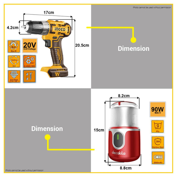 BUILDMATE Ingco Lithium-Ion 20V Cordless Drill 2-Speed Mechanical Gear CDLI200528 / Cordless Drill with Coffee Grinder Combo Kit COSLI23064 - IPT