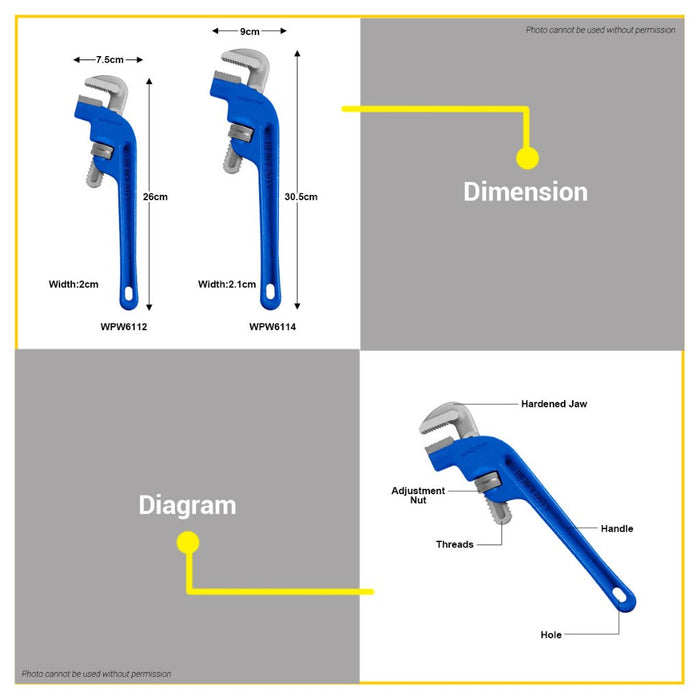 BUILDMATE Wadfow Offset Pipe Wrench 8" - 14" Inches Adjustable Plumber Piping Wrench Pipe Tool for Plumbing SOLD PER PIECE - WHT