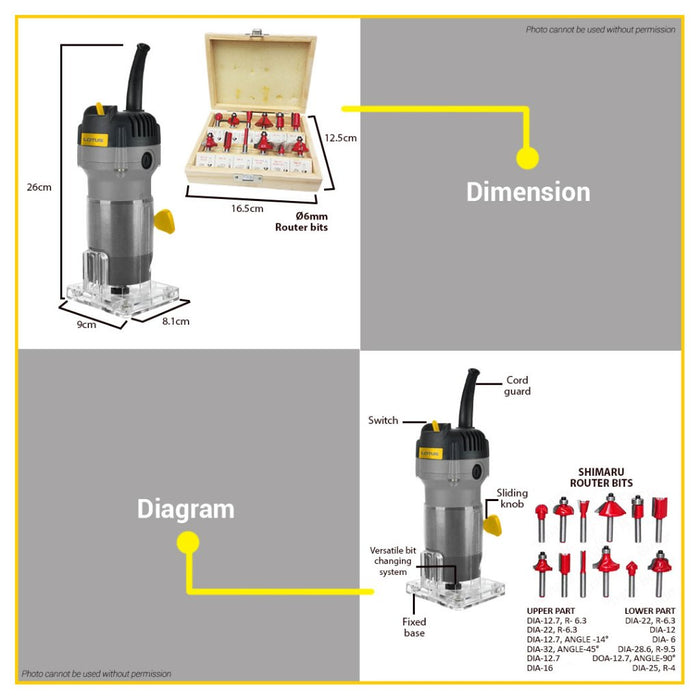 BUILDMATE Lotus 550W Palm Router / Trimmer Laminate LTPR550X with 12PCS/SET 1/4" Inch Router Bit LPT