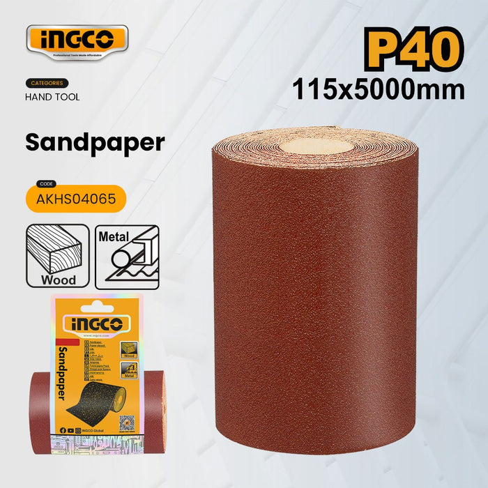 INGCO 11.5x500cm Aluminum Oxide Sandpaper Roll Grit P40 Abrasive Finishing Sheet Sanding Paper for Wood Wall Paint Plastic Smoothing | AKHS04065 - IHT