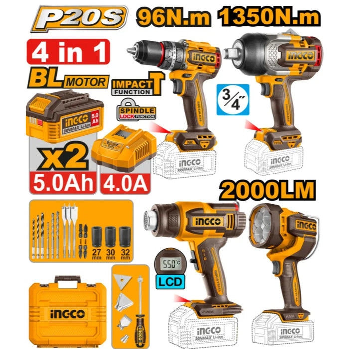 Buildmate x INGCO 4 PCS 20V Cordless Brushless Power Tool Set (4-in-1) COMBO KIT COSLI250608 IPT