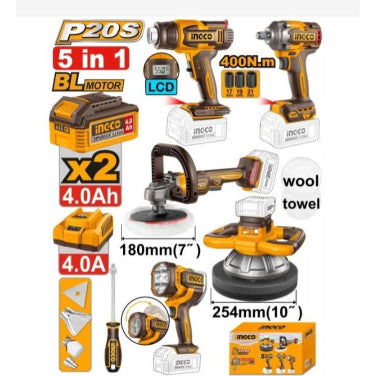 Buildmate x INGCO 20V Cordless 5-PC Combo Kit | Polisher, Wrench, Lamp, Heat Gun COSLI250592 IPT