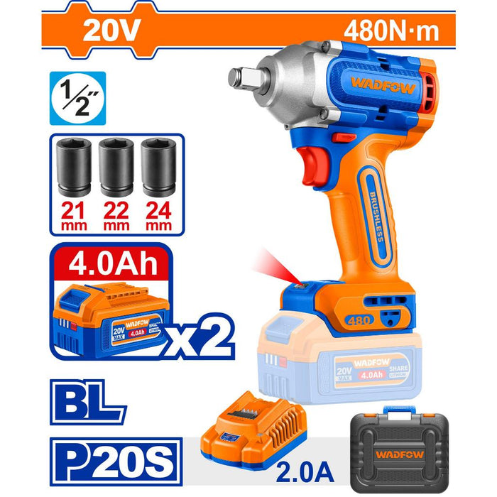 Buildmate x WADFOW 20V Brushless Cordless Impact Wrench 480–1280Nm Kit WCPT
