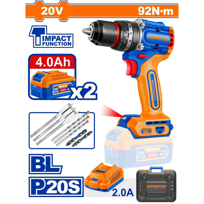 Buildmate x WADFOW 20V Brushless Cordless Impact Drill 92Nm with Batteries Kit WCPT
