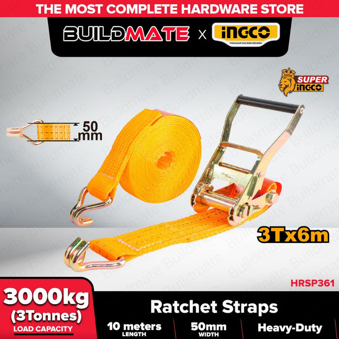 Buildmate x INGCO 3T Ratchet Strap 6m x 50mm with Double J Hooks HRSP361 IHT