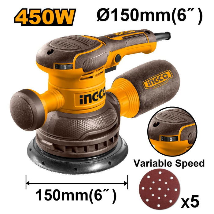 Buildmate x INGCO Rotary Sander 450W 150mm Velcro Pad Variable Speed RS4516 IPT