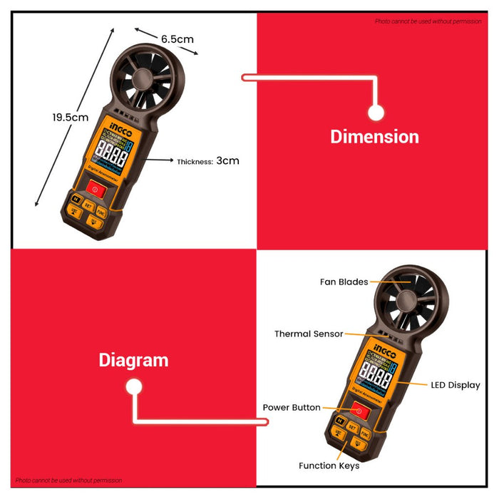 Buildmate x INGCO Digital Anemometer Air Speed Meter 0.8–40m/s w/ Backlight HETAN031 IPT