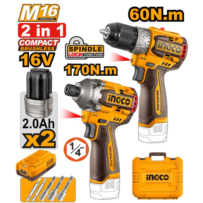 Buildmate x INGCO 16V 2PCS Combo Kit Brushless Drill & Impact Driver COSLI240968 ICPT
