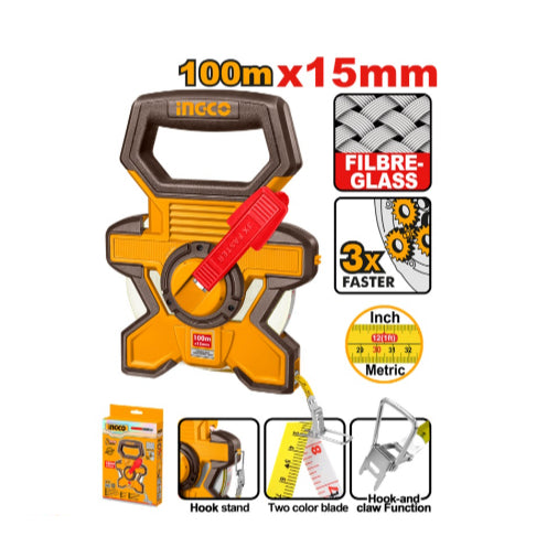 Buildmate x INGCO 100m Fiberglass Measuring Tape 15mm, Fast Rewind, Metric & Inch HFMT18100 IHT