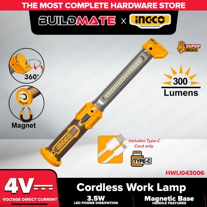 Buildmate x INGCO Cordless Work Lamp 4V 300LM Rechargeable LED w/ Magnetic Base HWLI043006 IHT