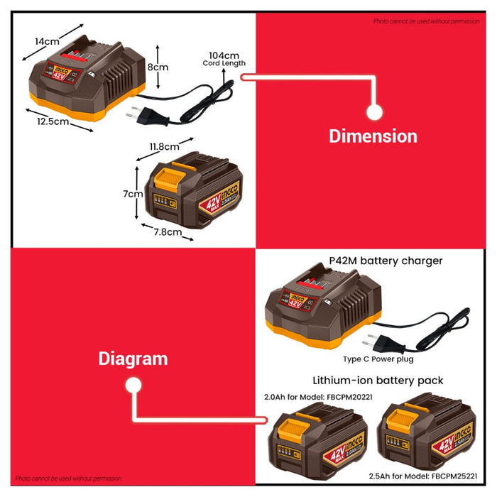 Buildmate x INGCO 42V Lithium-Ion Battery & Charger Kit P42M | 2×2.0Ah / 2×2.5Ah ICPT