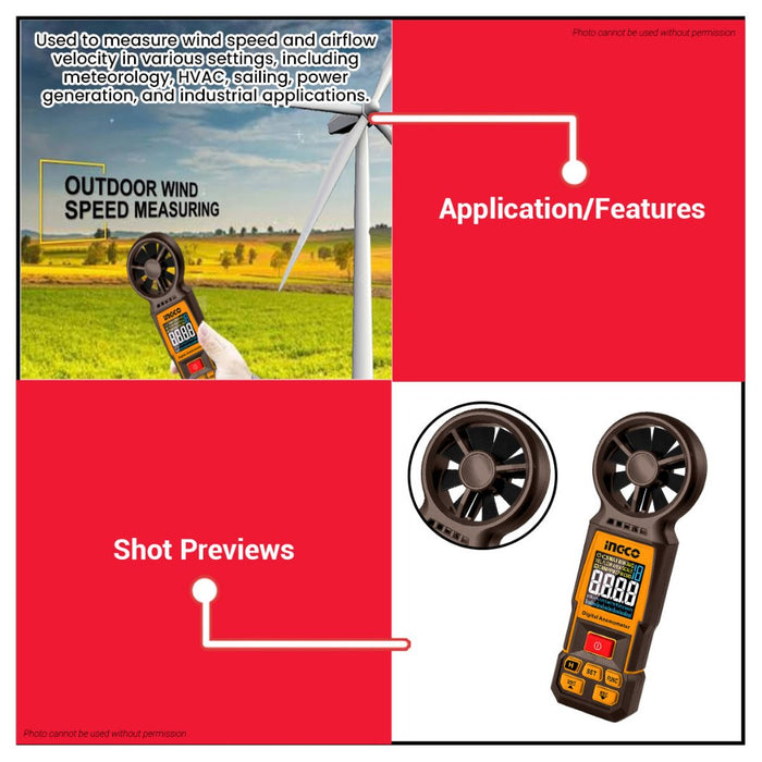 Buildmate x INGCO Digital Anemometer Air Speed Meter 0.8–40m/s w/ Backlight HETAN031 IPT