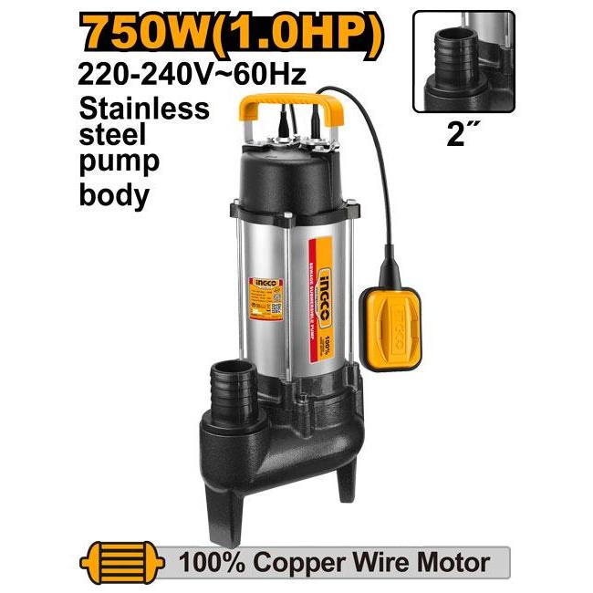 Buildmate x INGCO Sewage Submersible Pump 750W 2" Stainless 220V Dirty Water SPDS75068-5 IPT