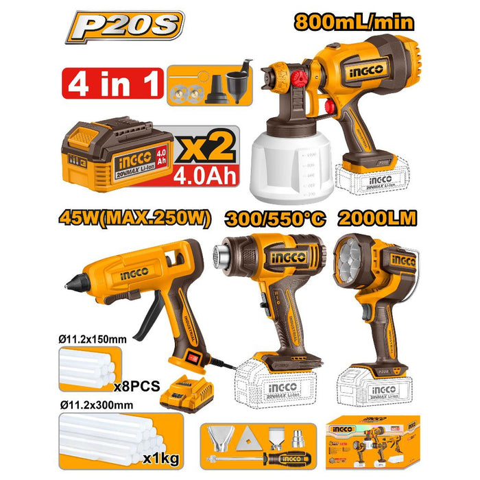 Buildmate x INGCO 20V Cordless 4PCS Combo Kit Spray Gun Heat Gun Glue Gun Lamp COSLI50501 IPT