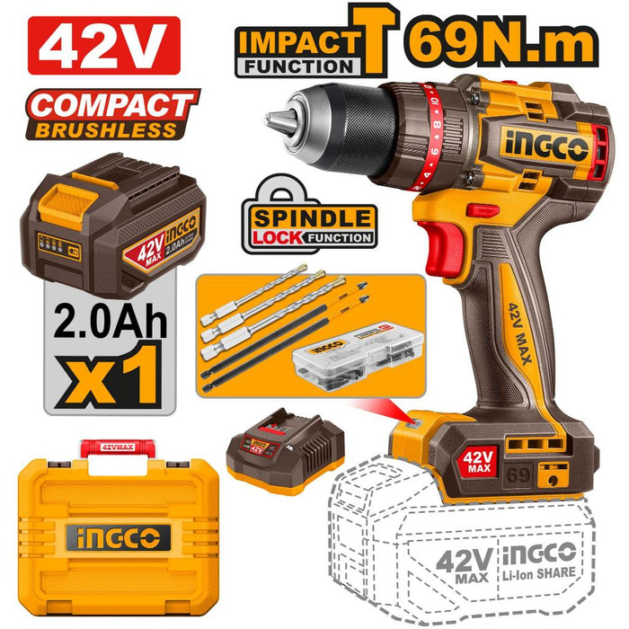 Buildmate x INGCO 42V Brushless Cordless Impact Drill 69Nm Compact 13mm w/ Kit ICPT