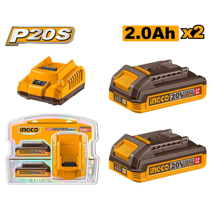 Buildmate x INGCO P20S 20V Lithium-Ion Battery & Charger Kit 2×2.0Ah FBCPK2212 ICPT