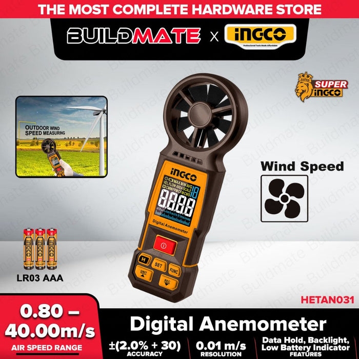 Buildmate x INGCO Digital Anemometer Air Speed Meter 0.8–40m/s w/ Backlight HETAN031 IPT
