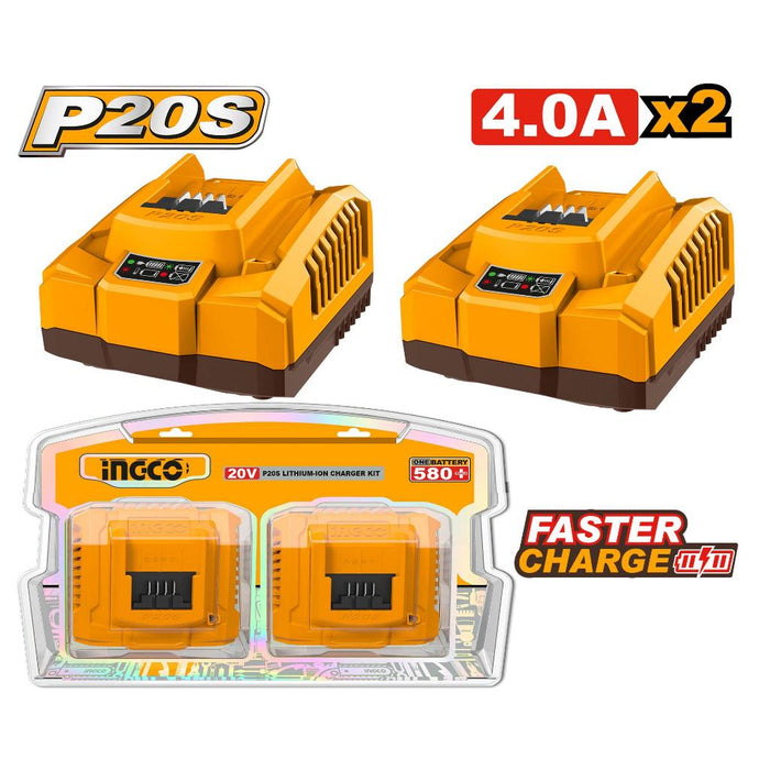 Buildmate x INGCO P20S 20V Lithium-Ion Charger Kit | Dual 4A Fast Charger COSLI250388 IPT