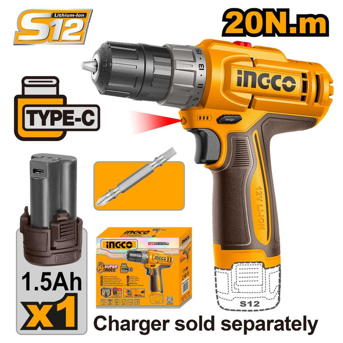 Buildmate x INGCO 12V Cordless Drill | 20Nm Torque, LED Work Light CDLI122061 ICPT