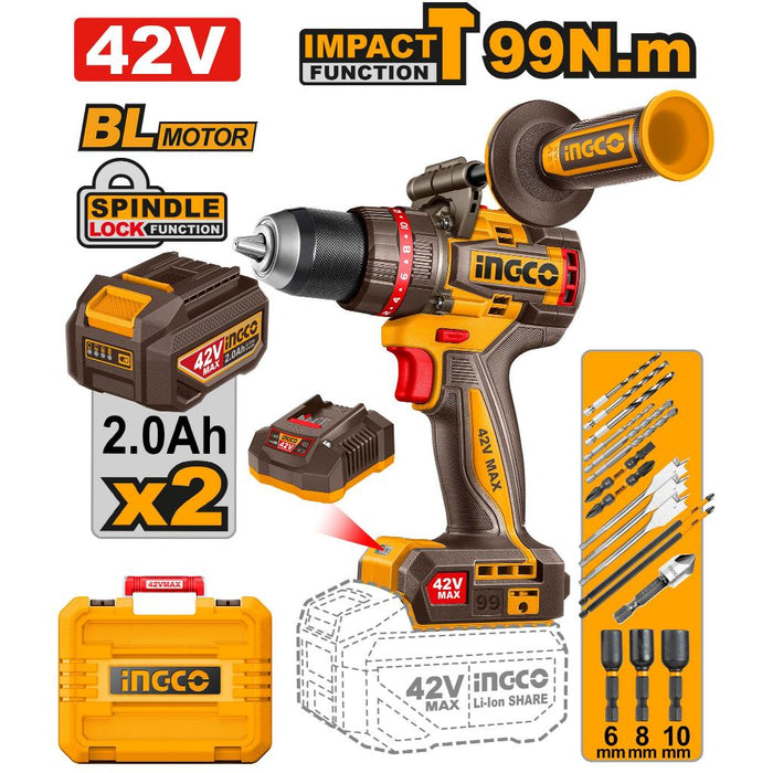 Buildmate x INGCO 42V Brushless Cordless Impact Drill 99Nm w/ 2×2.0Ah CIDLI429982 ICPT